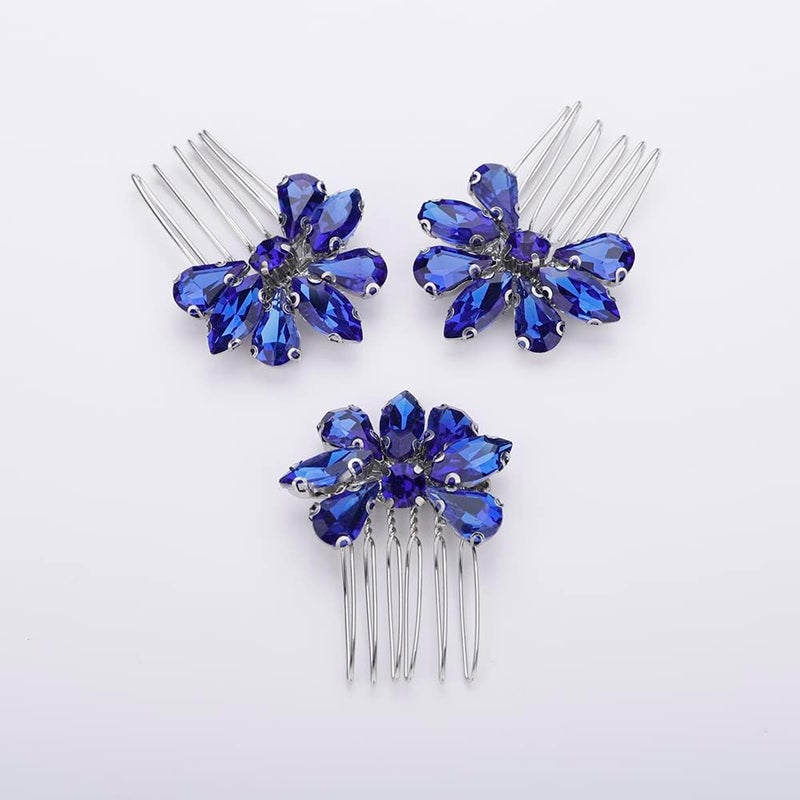 Rumtock 3pcs Blue Rhinestones Hair Comb Set for Wedding Brides Bridesmaid Women Girls Handmade Sparkle Hair Piece Vintage Hair Styling Jewelry (Blue) - Image 3